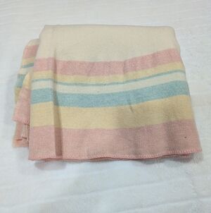 Pure Wool Blanket Ayers Lachute Canada.  Cream With Pink, Blue, Yellow Stripes.
